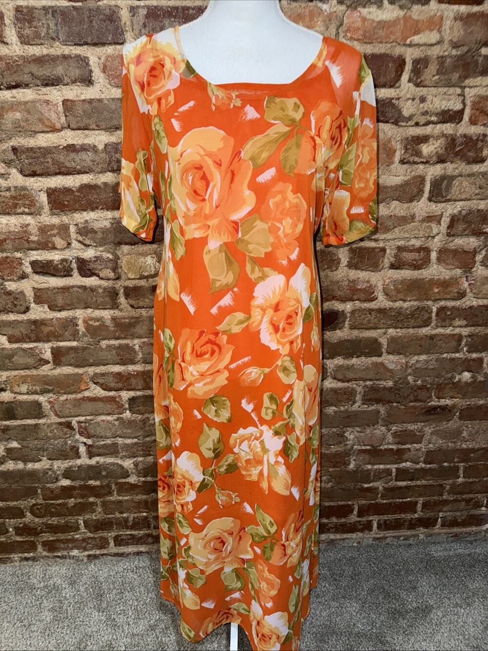 Vintage 90s Kloz Lyne India Boho Dress Orange Floral Sheer Slip Hawaiian Sz M
